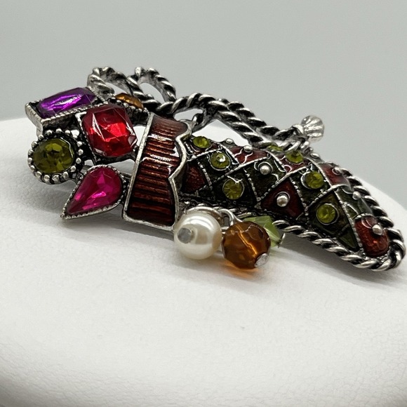 VTG Christmas Stocking Brooch Kenneth Cole Enamel Rhinestones Beads Signed - Picture 3 of 7